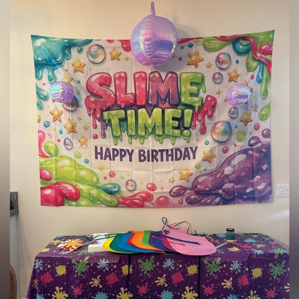 SLIME Happy Birthday Backdrop (8’x6’) Table Cover + 6” slime cutouts + 10 aprons